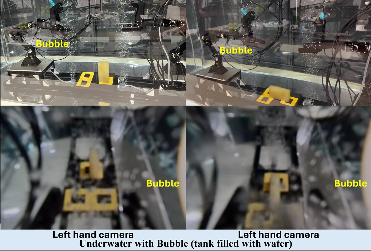 Bubble streams during sequential transfer and bimanual lifting, with external and left hand camera views