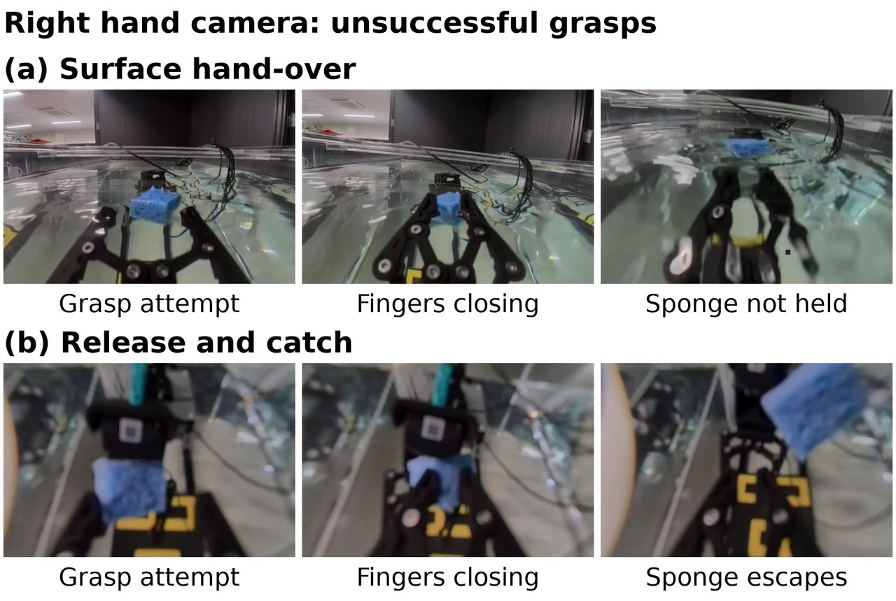 Failed sponge grasps: the sponge remains at the surface or escapes upward after closure